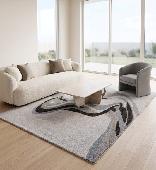 Ivory, Grey & Charcoal Abstract Flow Wool & Silk Rug Rectangular