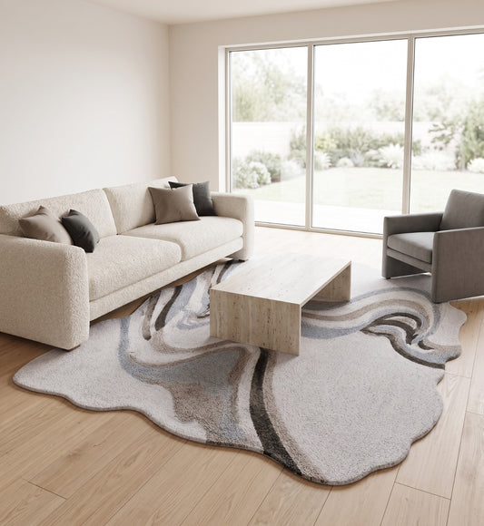 Ivory, Grey & Charcoal Abstract Flow Wool & Silk Rug Shaped