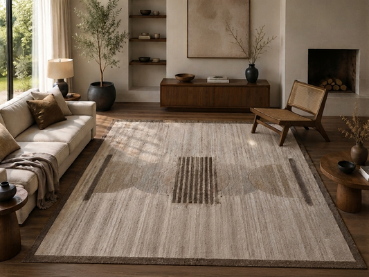Ivory, Beige & Brown Geometric Border Wool Rug Rectangular