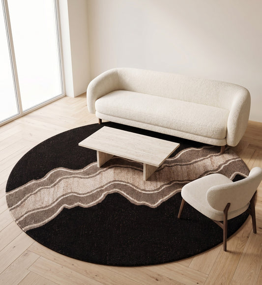 Black, Beige & Taupe Abstract Wave Natural Wool Rug Round