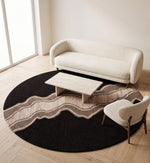 Black, Beige & Taupe Abstract Wave Natural Wool Rug Round