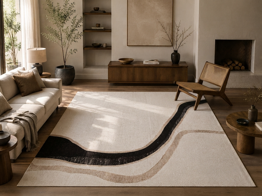 Ivory, Beige & Black Abstract Curve Natural Wool Rug Rectangular