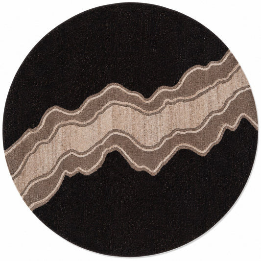 Ivory, Beige & Black Abstract Curve Natural Wool Rug — Round 1
