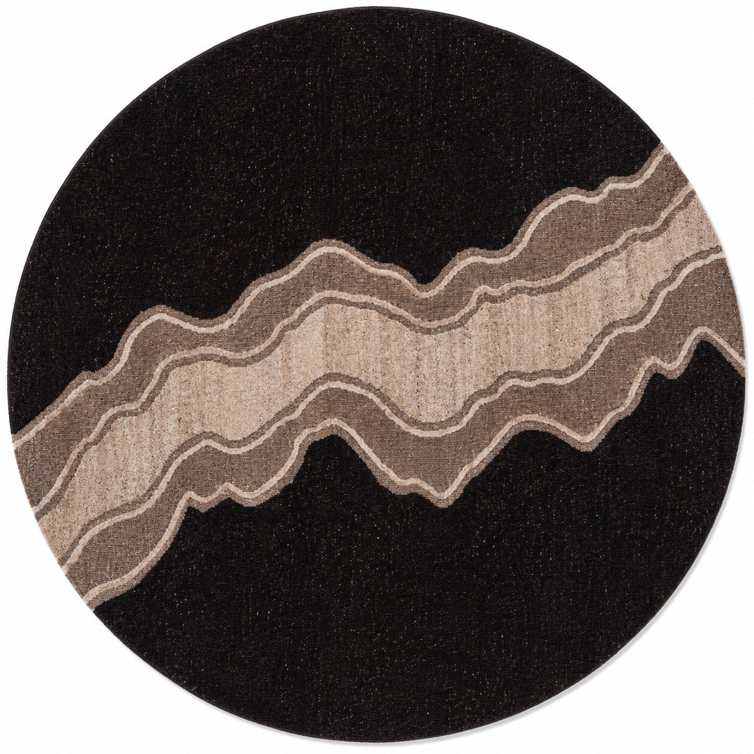 Ivory, Beige & Black Abstract Curve Natural Wool Rug — Round 1