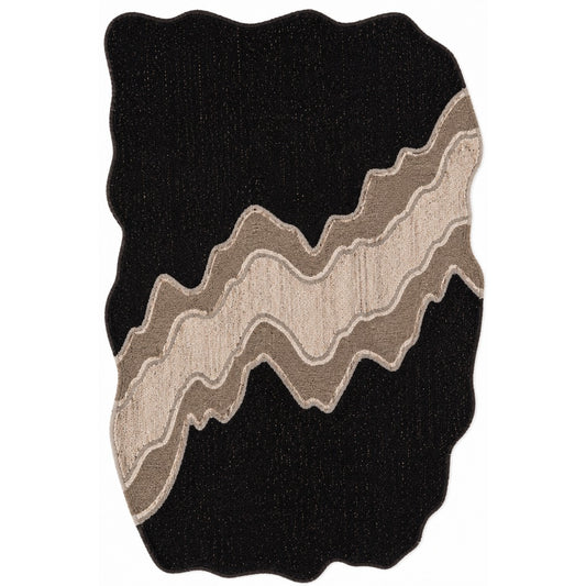 Ivory, Beige & Black Abstract Curve Natural Wool Rug — Shaped 1