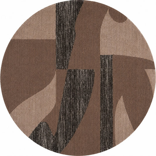 Brown, Taupe & Black Abstract Geometric Wool Rug — Round 1