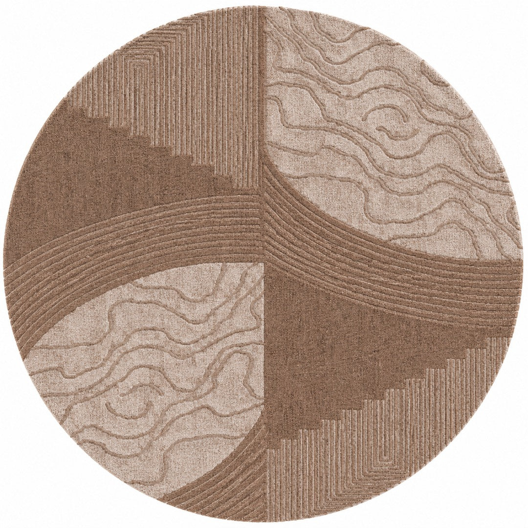 Brown, Beige & Black Abstract Leaf Pattern Wool Rug — Round 1