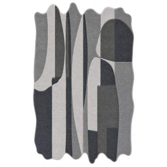 Beige, Grey & Black Abstract Stripe Wool Rug — Shaped 1