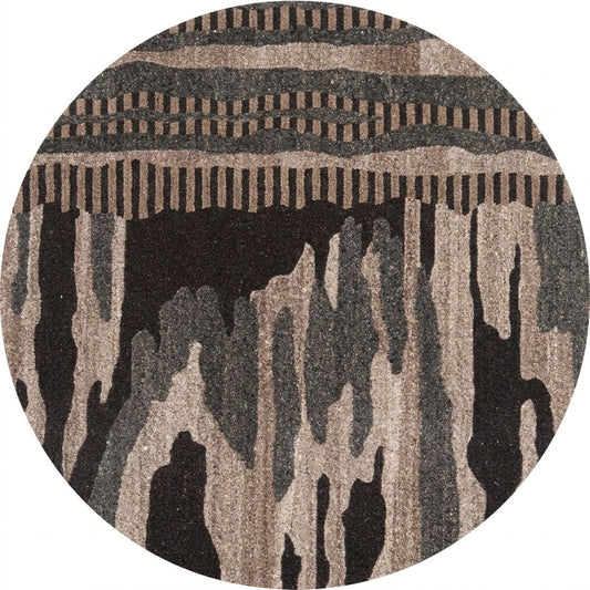 Brown, Charcoal & Beige Abstract Drip Pattern Natural Wool Rug — Round 1