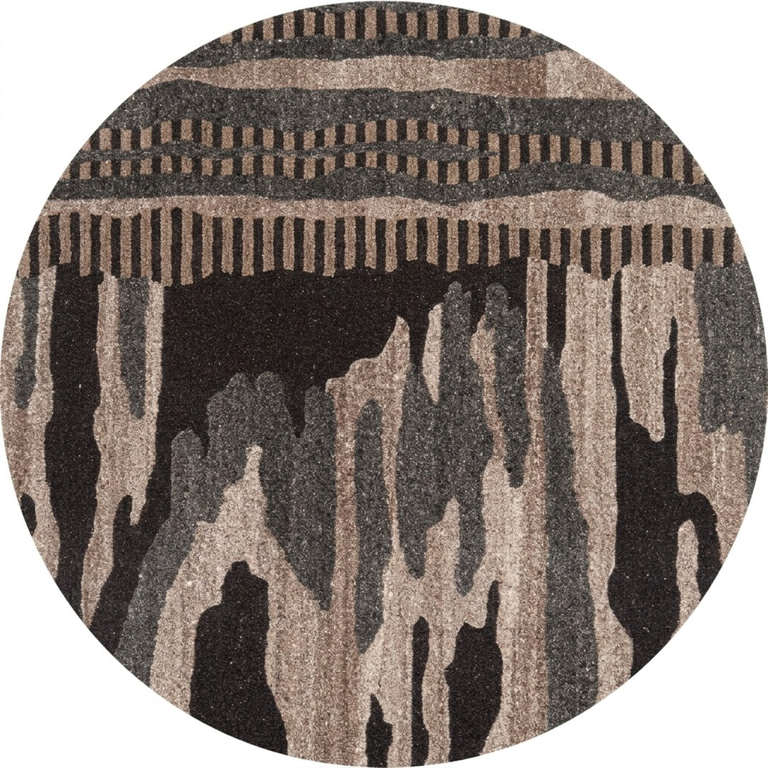 Brown, Charcoal & Beige Abstract Drip Pattern Natural Wool Rug — Round 1