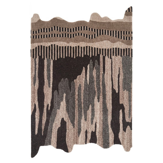 Brown, Charcoal & Beige Abstract Drip Pattern Natural Wool Rug — Shaped 1