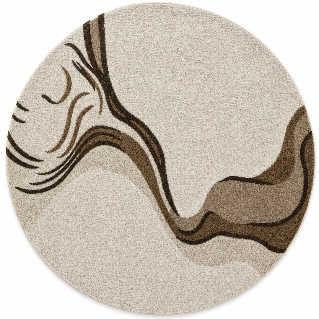Ivory & Brown Abstract Wave Wool Rug — Round 1