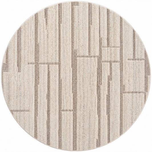 Ivory Beige Linear Textured Wool Rug — Round 4