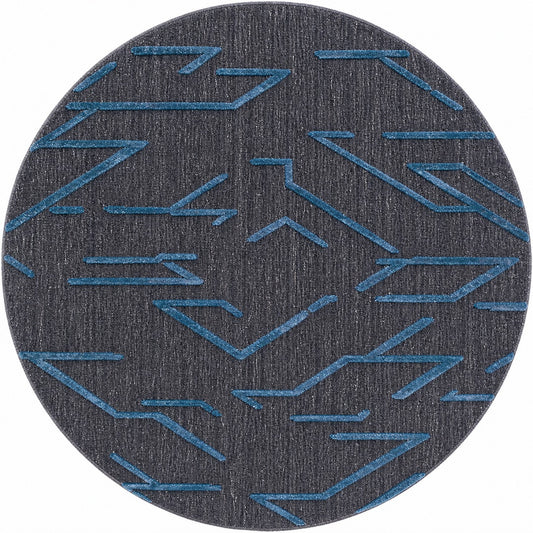 Black & Teal Abstract Geometric Wool Silk Rug — Round 3