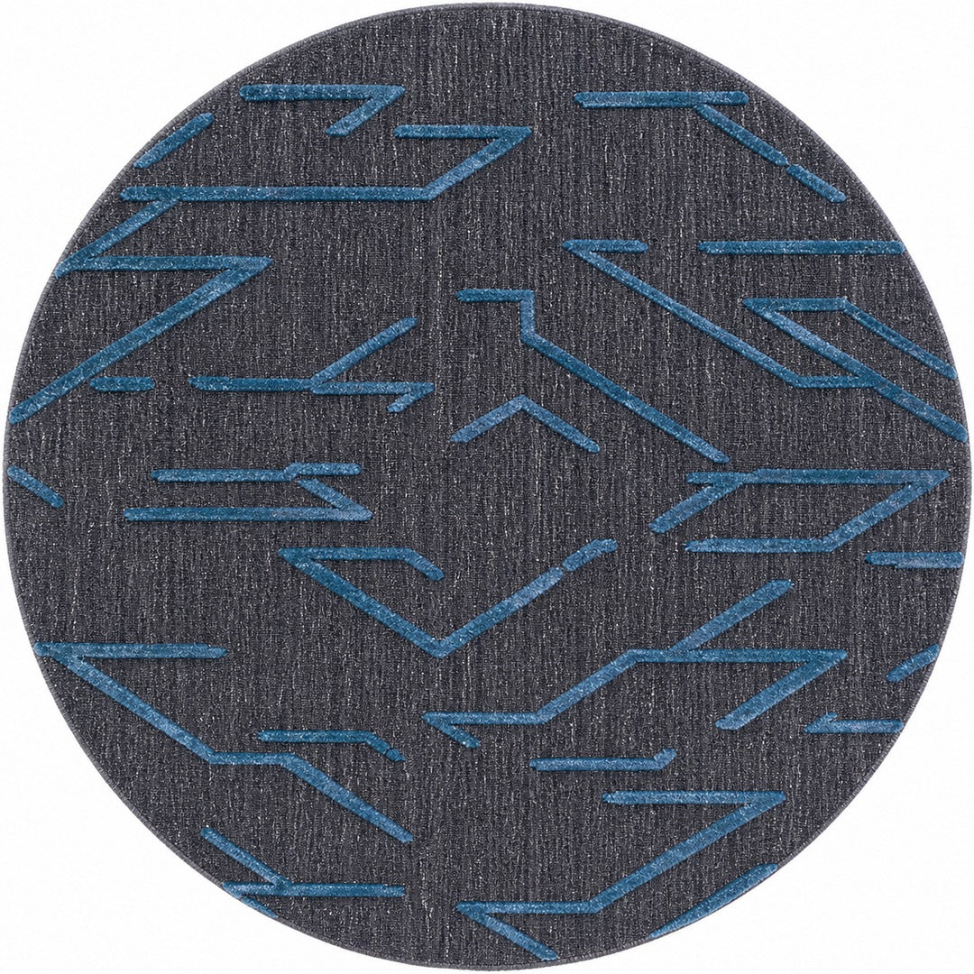 Black & Teal Abstract Geometric Wool Silk Rug — Round 3