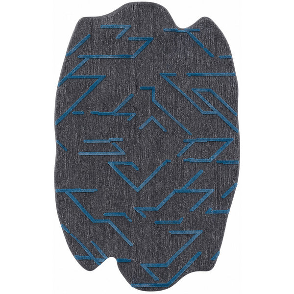 Black & Teal Abstract Geometric Wool Silk Rug Shaped