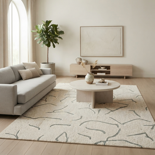 Ivory & Grey Abstract Branch Pattern Wool Rug Rectangular