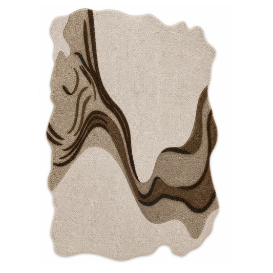Ivory & Brown Abstract Wave Wool Rug Shaped